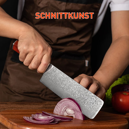 FUJUNI Nakiri Knife Cleaver Knife Damascus Kitchen Knife With Extremely Sharp 17.5 cm Blade Made of 67 Layers Vg-10 Damascus Steel Chinese Chef's Knife, Wooden Handle, Gift Box