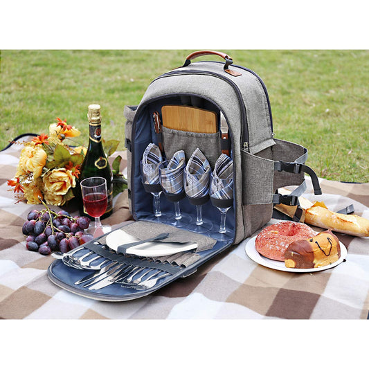 Sunflora picnic backpack set for 4 persons with insulated cooler and blanket, picnic basket for 4 persons for camping outdoor (beige)