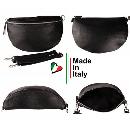 MIRROSI® Waist Bag for women, genuine leather, Made in Italy, shoulder bag, chest bag, crossbody bag (1 bag & 2 straps) (Black (NN Black Beige), Small bag (22x13x6cm))