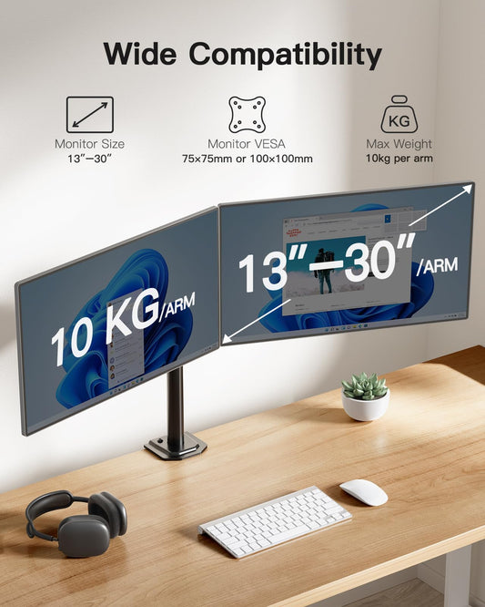HUANUO dual monitor stand for 13-30 inch screens. Adjustable monitor stand for two monitors with tilt and swivel function. Holds up to 10 kg per arm. VESA 75/100 compatible.