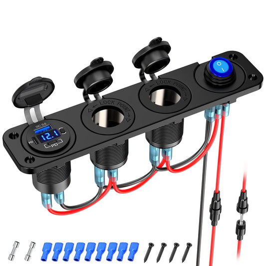 (4 in 1) PD 30W USB C 12V Socket: Switch Panel DC 12 Volt Car Type C Jack Waterproof USB Flush Mount Socket Outlet Cigarette Lighter Adapter Car Charger for iPhone Motorhome Boat Caravan