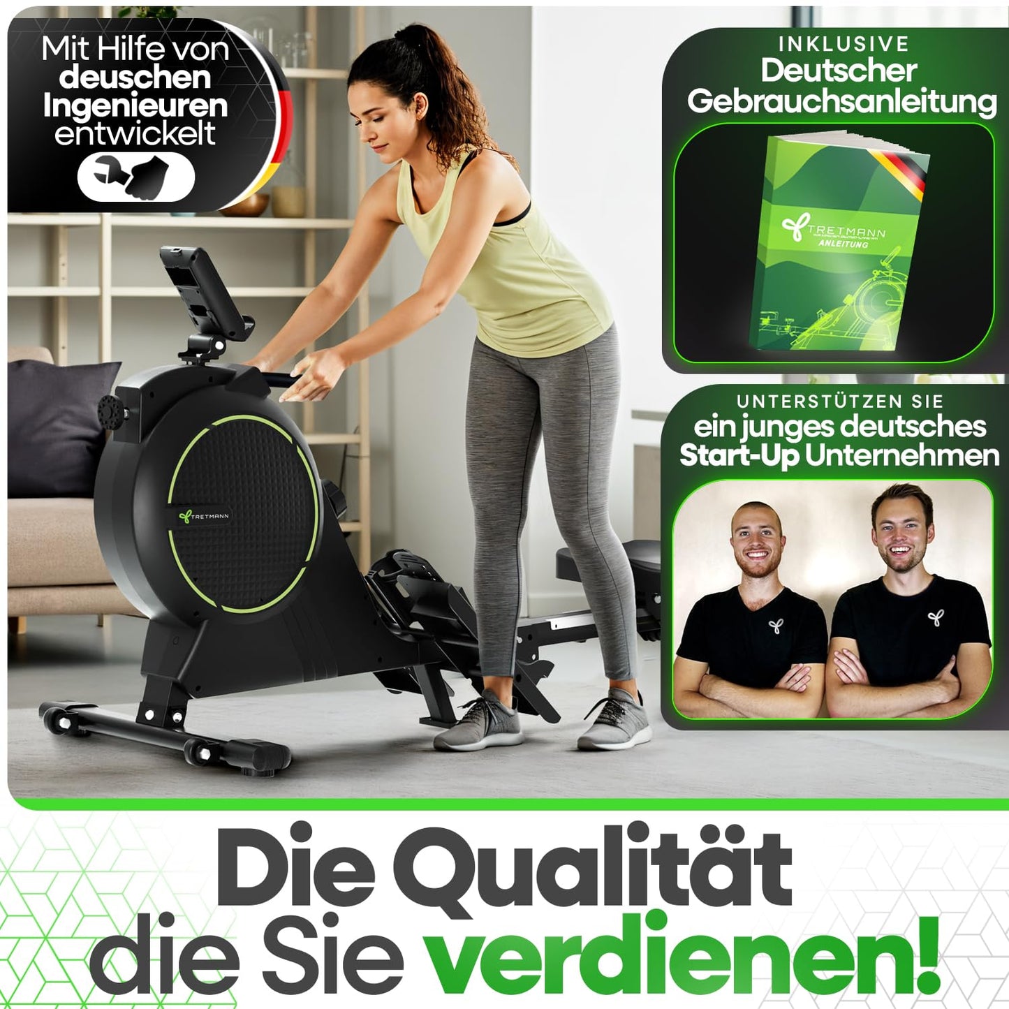 NEW Tretmann rowing machine for home set - extra quiet- [eddy current brake 2.0] certified up to 150KG | patented ErgoConcept | rowing machine magnet rowing machine rowing fitness equipment