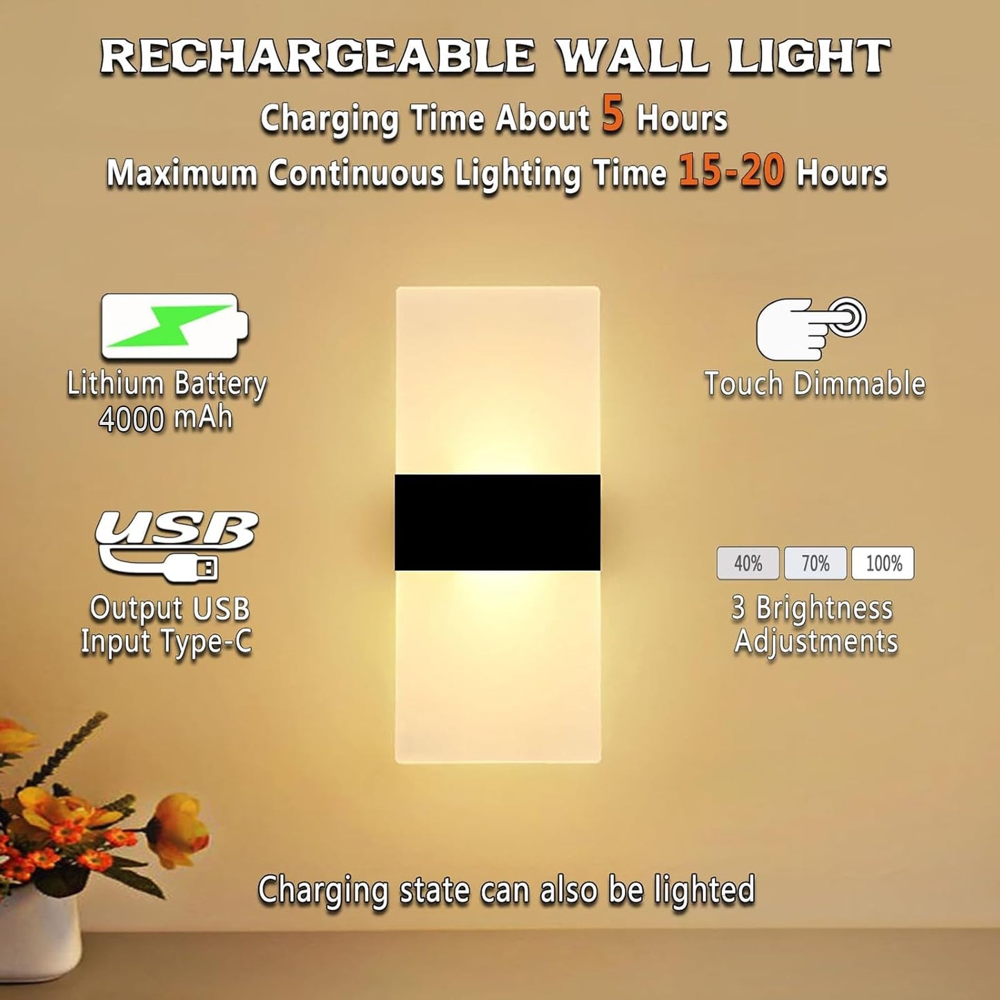 VOMI Wall Light Indoor Rechargeable LED Dimmable USB Cordless Wall Lamp with Touch Switch 3000mAh Battery Magnetic Mounting Wall Lighting for Bedroom no drilling needed