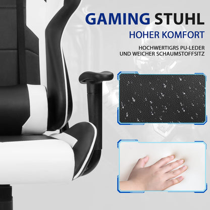 Homall Gaming Chair, ergonomic, adjustable height and back support, gamer seat, office chair, with wheels, quiet, headrest, lumbar support (white)