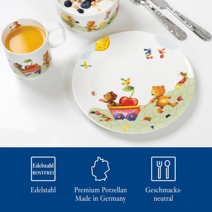 Villeroy & Boch - Hungry As A Bear Set with children's cutlery and tableware (7 pieces). Dishwasher safe, microwave safe. Includes: children's plate, children's cup, children's cutlery set. Made of premium porcelain/stainless steel.