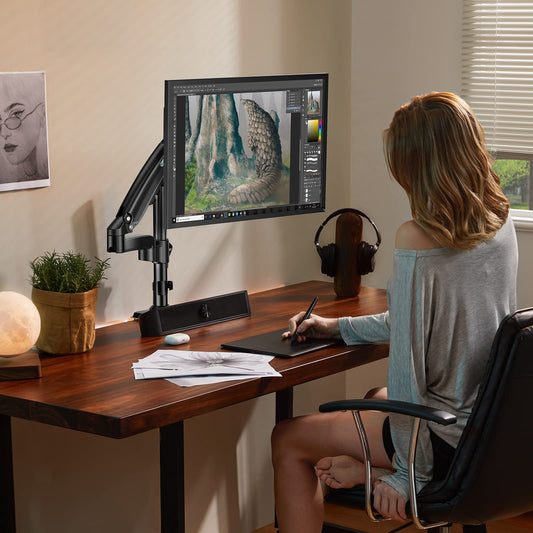 HUANUO 13-34 inch monitor mount for LCD LED screen holds 2-9 kg, gas spring monitor arm, single arm monitor stand VESA 75/100 mm, 360° rotation, 180° swivel