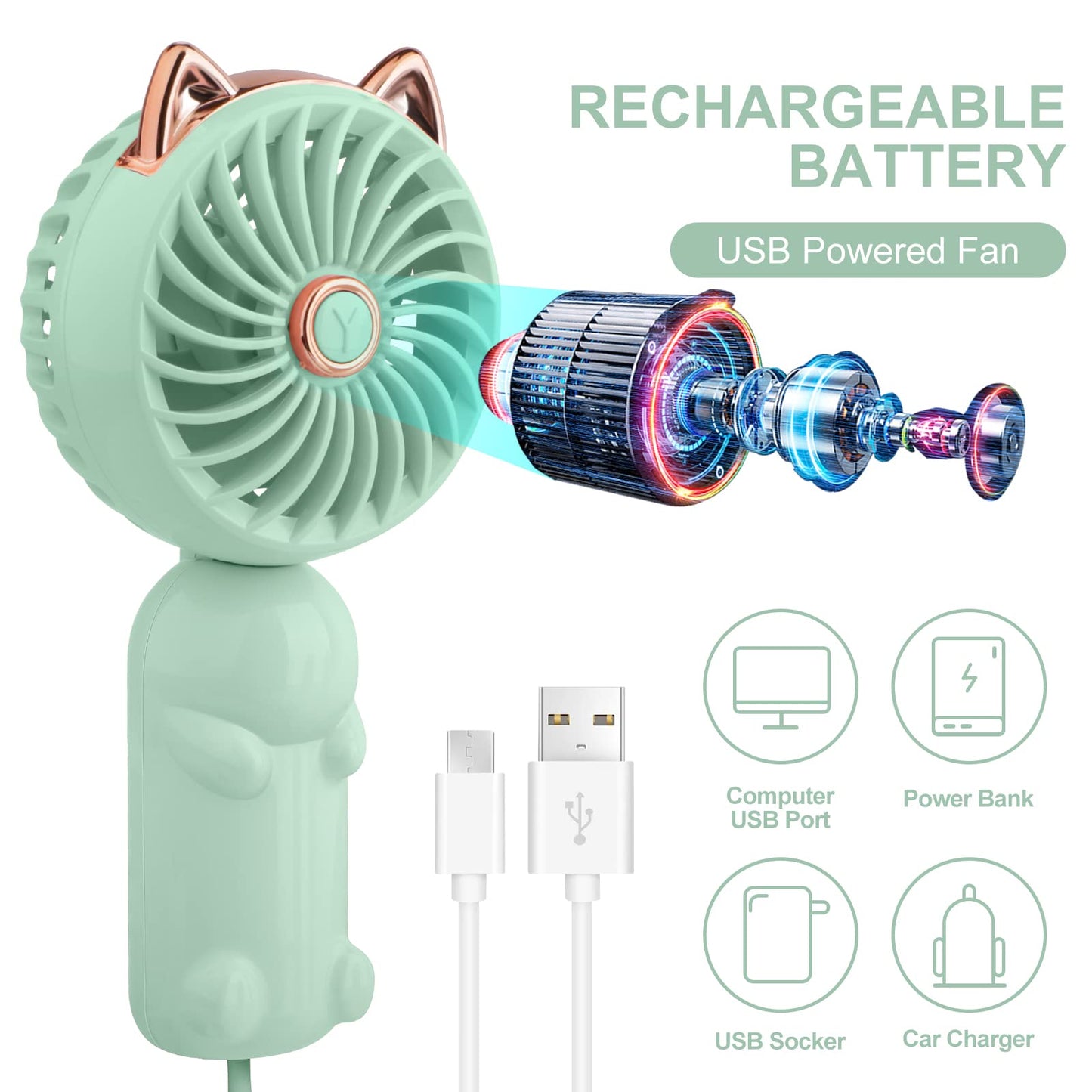 JYPS Portable Handheld Fan, Mini USB Fan with Rechargeable Battery and 3 Speeds, cute personal small electric fan for girls/women/children, foldable for travel.