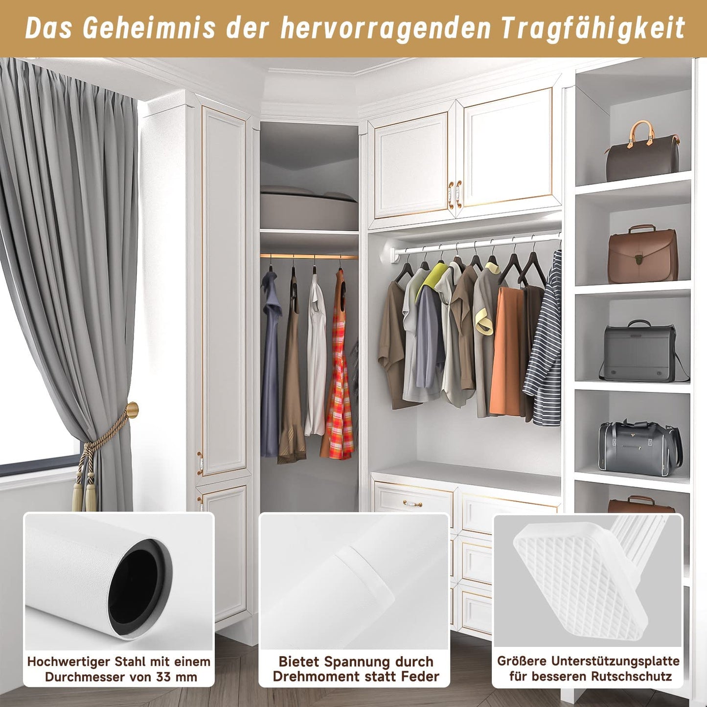Extra strong telescopic rod with screw tension - curtain rod & clothes rail without drilling, 75-120 cm, Ø33 mm, holds up to 85 kg, for curtains, clothing, bathrooms, closets, niches, windows & doors.