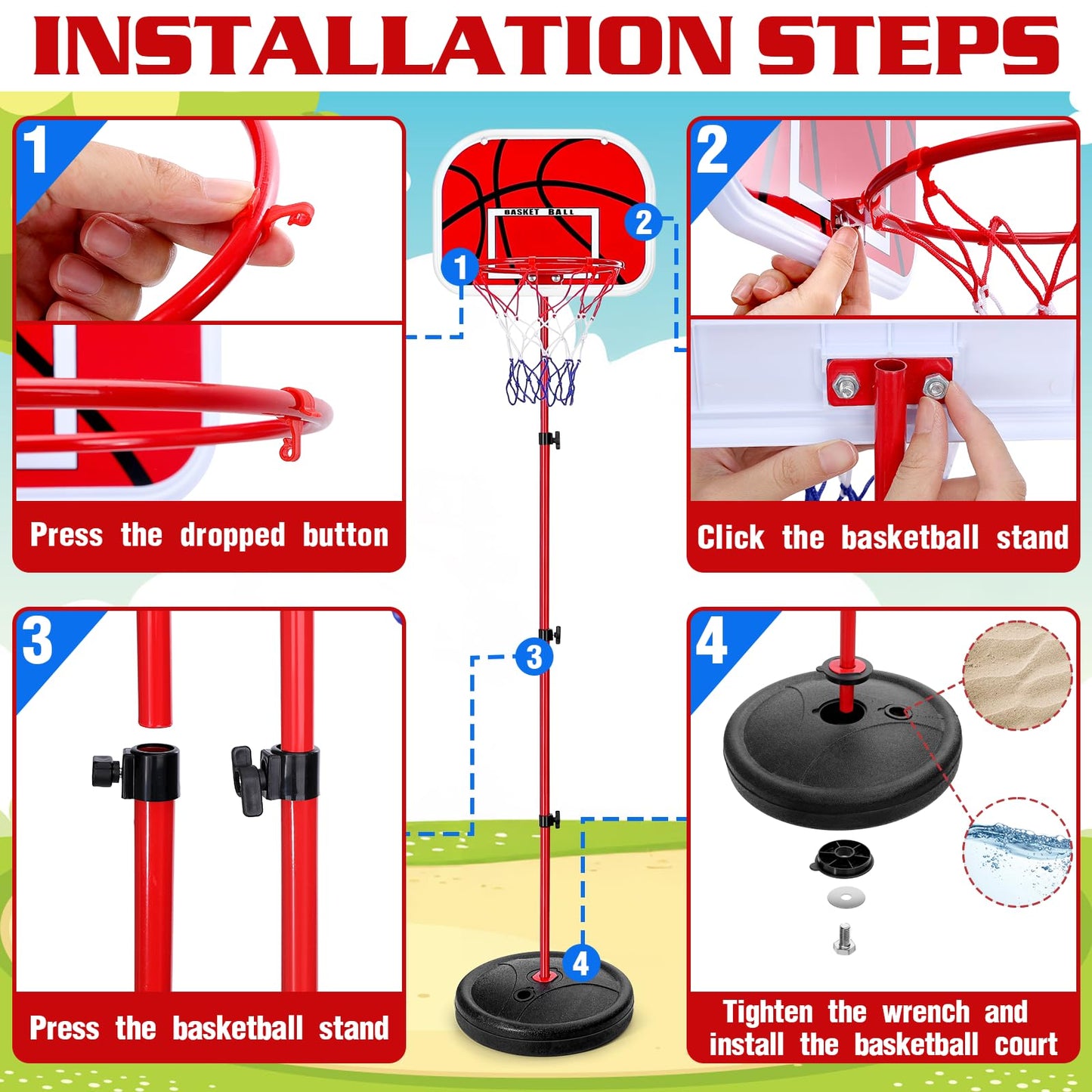 Zeawavsl Kids Basketball Hoop, Mini Basketball Hoop, Adjustable Height for Indoor and Outdoor Use, Includes 2 Basketballs Easy Assembly, Suitable for Kids Aged 3 to 8 Years