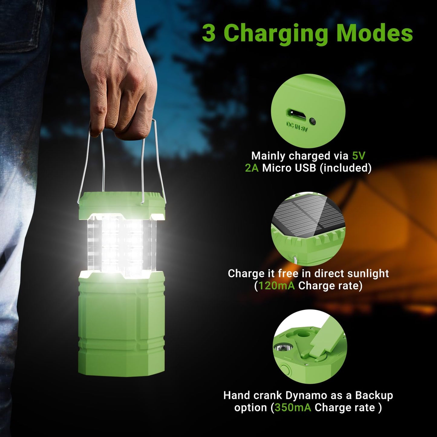 LED Camping Lantern Solar, Waterproof LED Camping Lantern, Emergency Light with Hand Crank, Built-in 3000mAh Battery for Hiking, Fishing, SOS, Power Outages (Green)