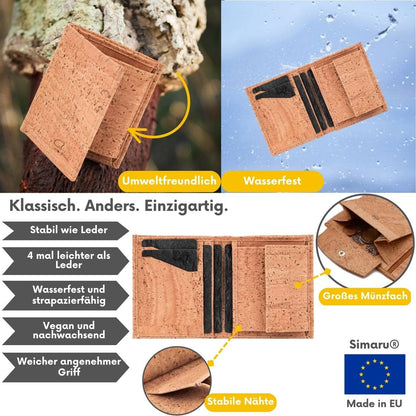 Simaru Cork Wallet for Women & Men, RFID-blocking purse, vegan, sustainable & durable, 5+ card slots with pull tab.