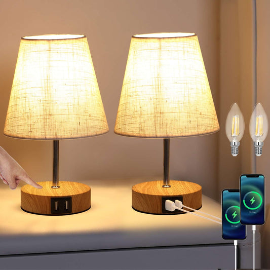 Lightess 2-pack bedside lamp touch dimmable table lamps USB LED desk lamps modern vintage with wood base retro fabric shade with E14 bulb warm white for living room bedroom table, beige