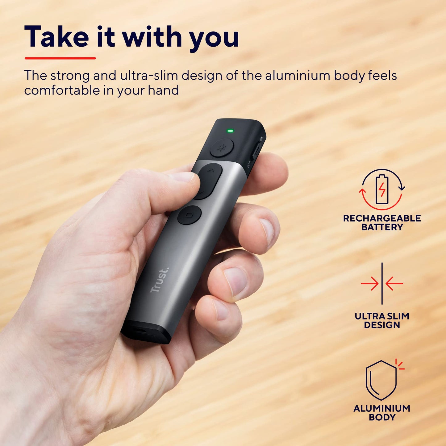 Trust Kazun Wireless Laser Presentation Tool with 4 PowerPoint functions, ultra-slim design, aluminum housing, extra-large range 30m, for PC/Laptop - Gray