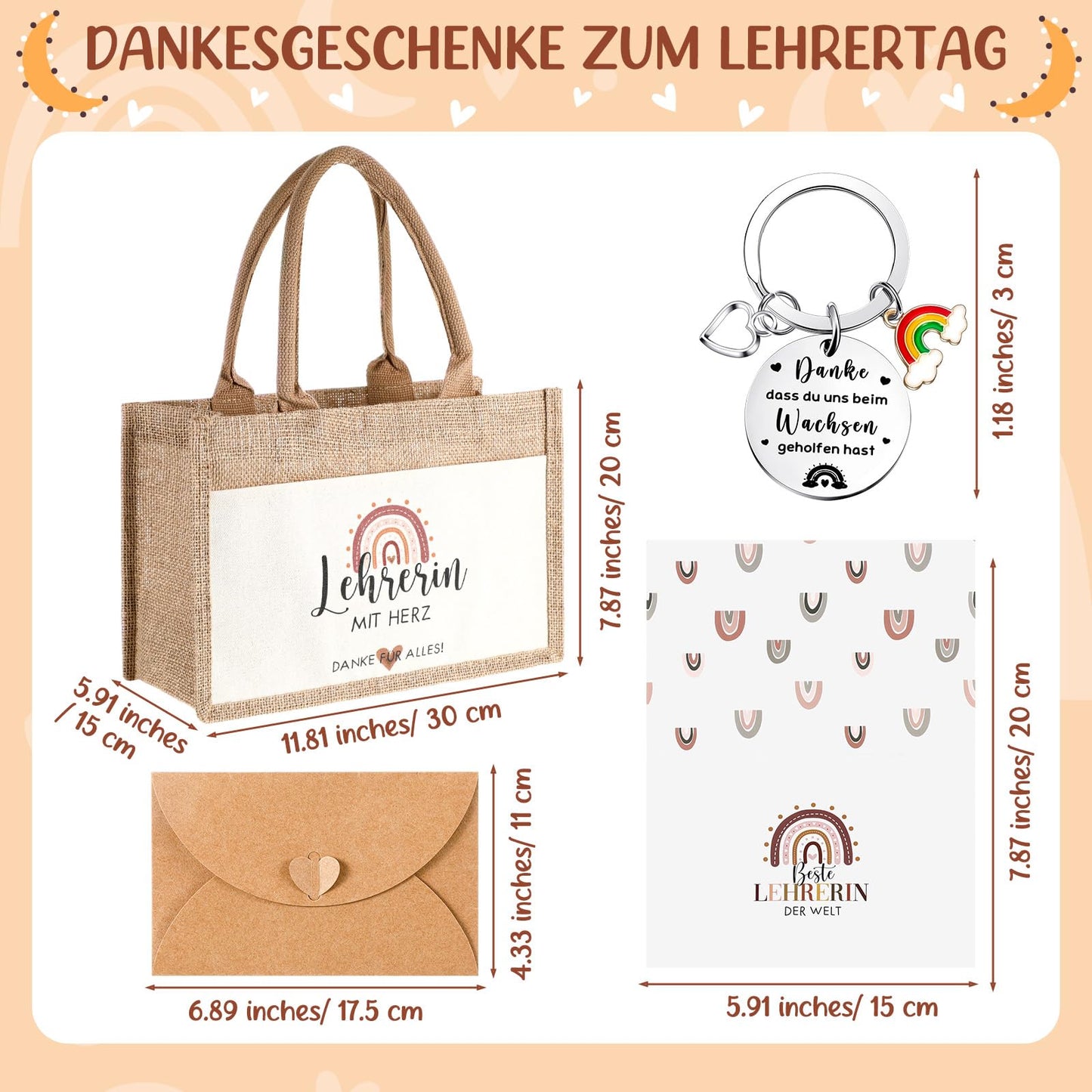 Tenare 4-piece Thank You Gifts for Teacher Day - Teacher Jute Handbag, Metal Teacher Keychain with Engraving, Rainbow Thank You Card with Envelope. Farewell to Educator for Graduation School.