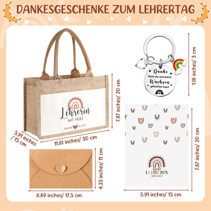 Tenare 4-piece Thank You Gifts for Teacher Day - Teacher Jute Handbag, Metal Teacher Keychain with Engraving, Rainbow Thank You Card with Envelope. Farewell to Educator for Graduation School.