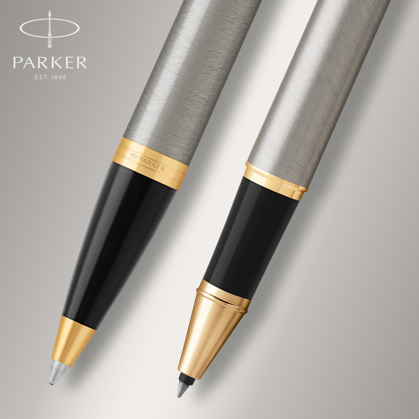 Parker IM Duo Gift Set with Ballpoint Pen & Rollerball | Brushed Metal with Gold Trim | Refills in black | Gift Box