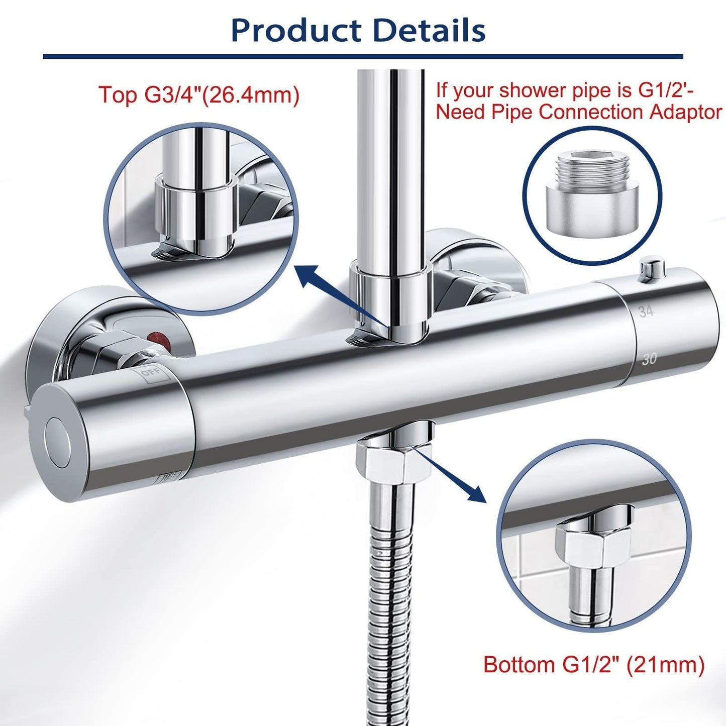 AIMOYO thermostatic shower mixer, round shower faucet with 2 outlets, chrome-plated shower thermostat replacement parts, top 3/4" BSP + bottom 1/2" BSP, shower valve with 38 °C safety button.