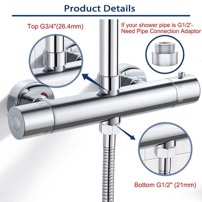 AIMOYO thermostatic shower mixer, round shower faucet with 2 outlets, chrome-plated shower thermostat replacement parts, top 3/4" BSP + bottom 1/2" BSP, shower valve with 38 °C safety button.