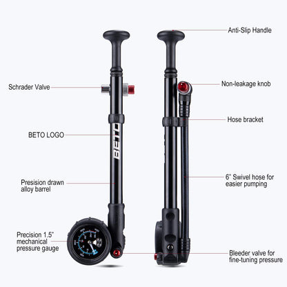 Beto high-pressure shock pump - (400 PSI max) MTB bike shock pump for front and rear suspension with no-loss Schrader valve.