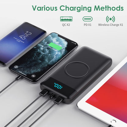 AXNEB Wireless Powerbank Fast Charging 25W PD3.0+QC4.0, 15W Wireless Charger 26,800mAh Powerbank 4 Outputs USB C External Battery with LCD Display Compatible with iPhone Huawei Samsung S20 iPad Oppo Xiaomi