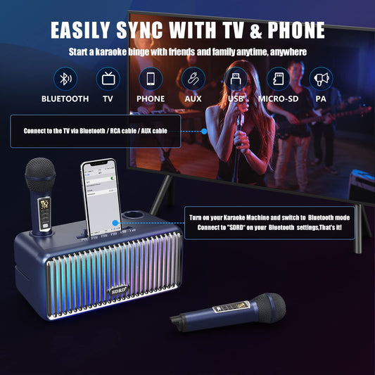 Karaoke machine for adults and kids, portable Bluetooth speakers with 2 UHF wireless microphones. Karaoke speaker PA system with LED lights for outdoor/indoor-Blue.