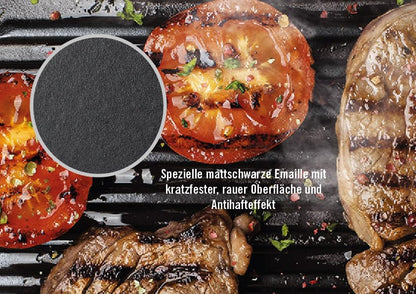 Woll Iron Cast Iron Square Grill Pan with Ridges, including steak press and silicone handles - Induction -, 24 x 24 cm, 4.5 cm high - Suitable for all stove types, oven-safe up to 250°, blue.