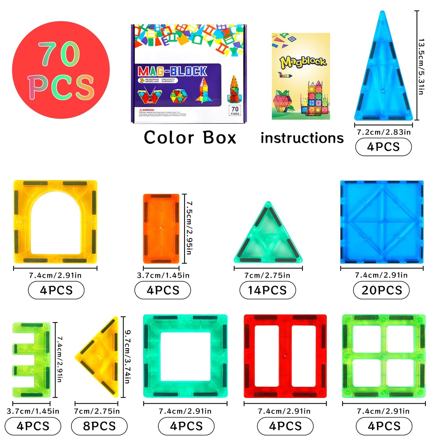 AQXONG 70 Pcs Magnetic Building Toys, Colorful Magnetic Building Blocks Toy, Educational Building Blocks Toy, Construction Toy for Kids, Suitable for Boys and Girls aged 3 years and up.