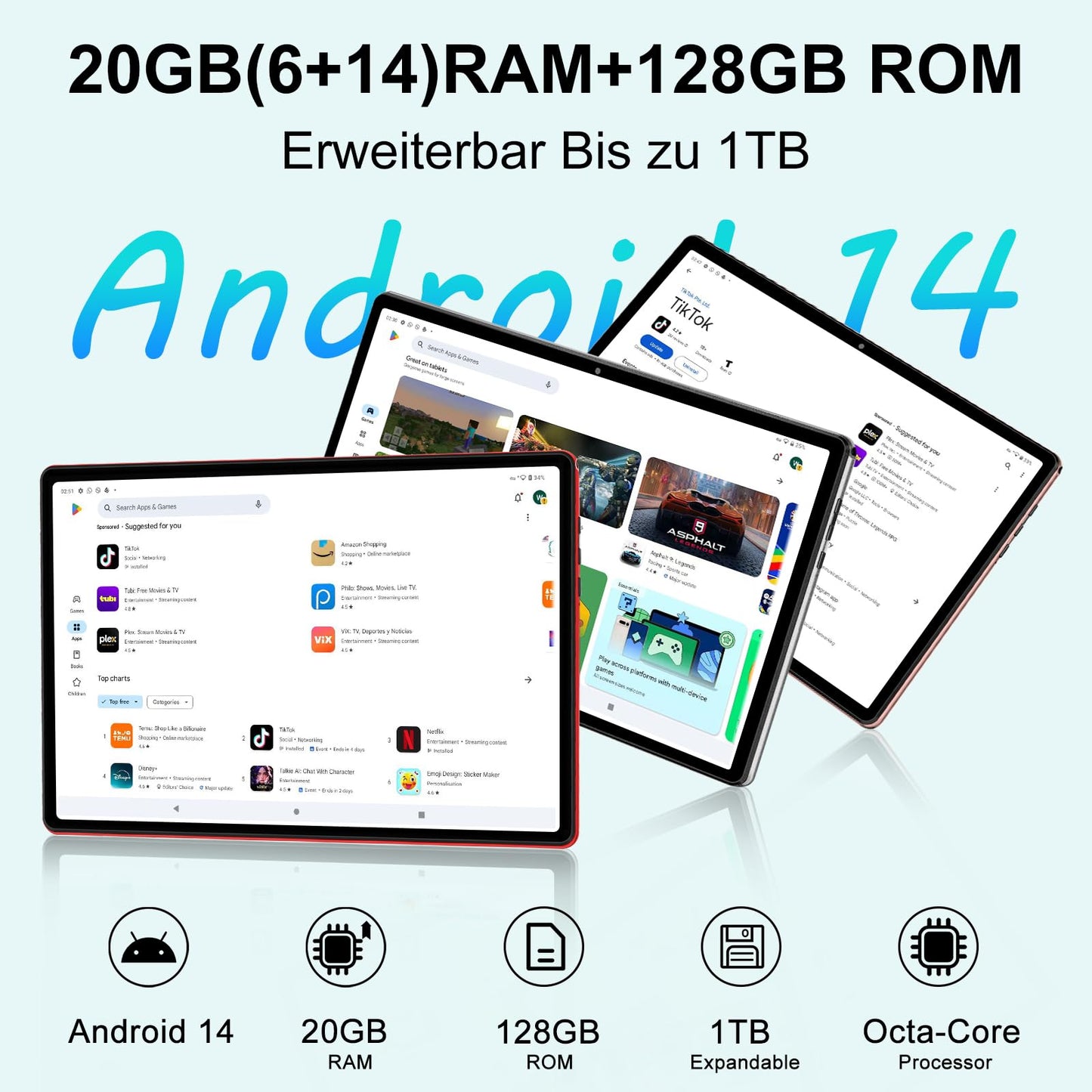 10-inch Android 14 Ultra-Fast Tablet with Widevine L1, 5G WiFi 6, Octa-Core, 20GB RAM + 128GB ROM (TF 1TB), FHD IPS, Dual Camera, Bluetooth 5.0, 2025 Latest Tablet with Keyboard and Mouse, Rose