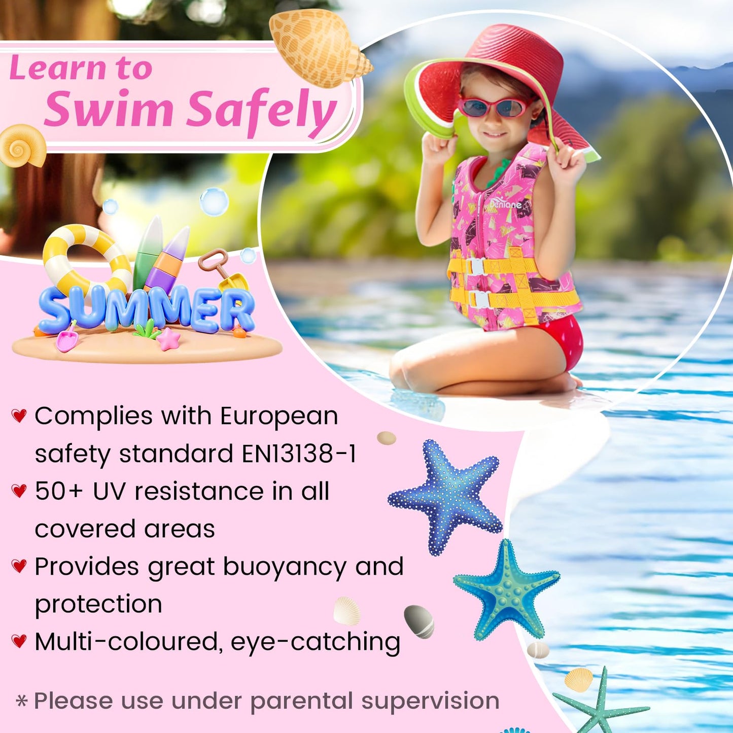 Swim vest for kids, neoprene vest perfect for toddlers. Ideal swim aid for bathing suit assistance in swim training. Adjustable safety straps for girls and boys - Pink, L (7-9 years)
