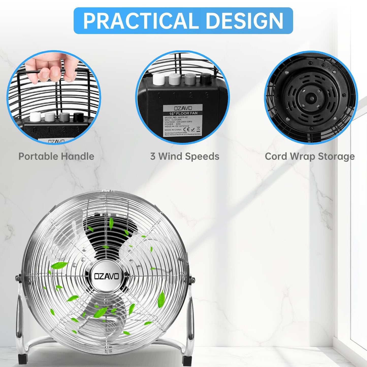 OZAVO pedestal fan, wind machine ⌀45 cm with 3 speeds, floor fan power, table fan metal, air cooler, adjustable tilt angle, 80 W.