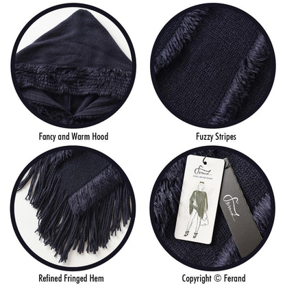 Ferand Women's Hooded Poncho, Warm Winter Cape, Striped Shawl with Fringes, Elegant, Navy Blue