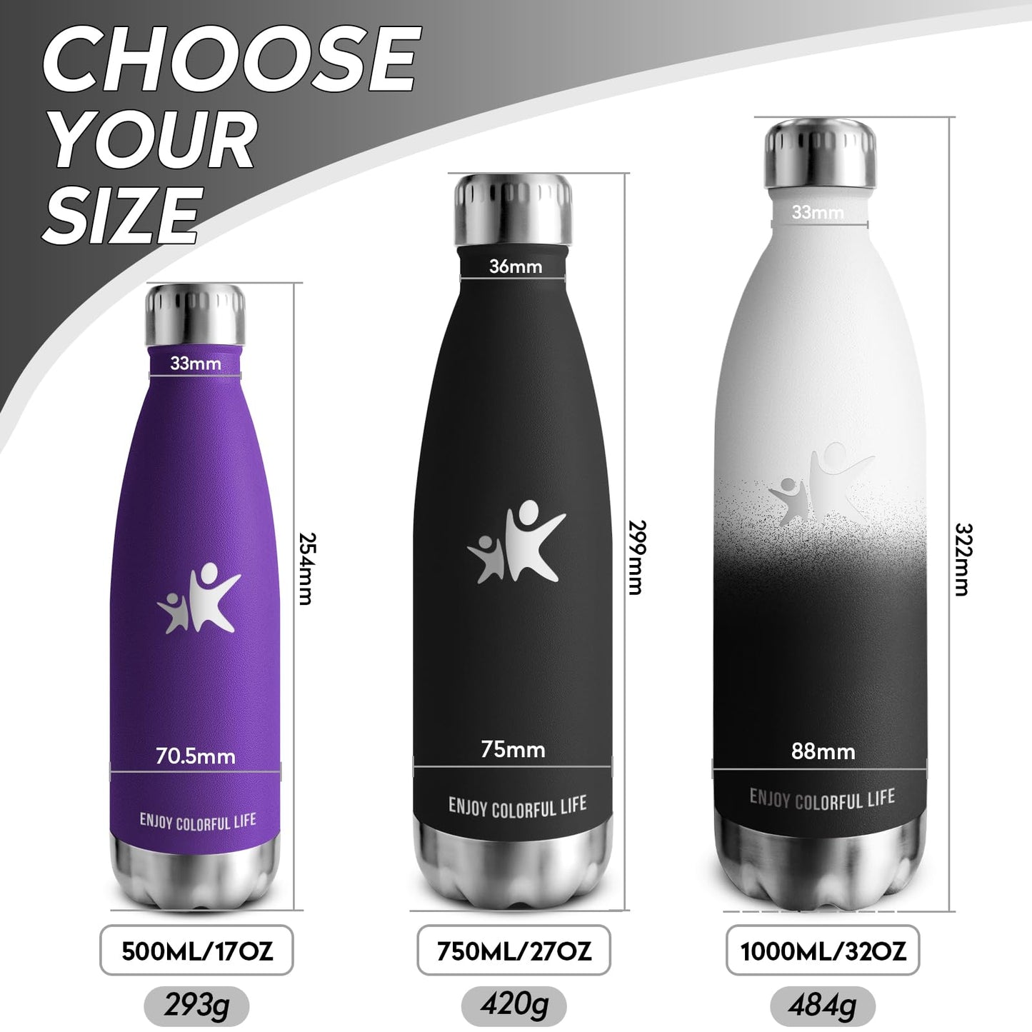 KollyKolla 1L thermos bottle, stainless steel water bottle suitable for carbonation, BPA-free thermos flask, vacuum insulated water bottle for fitness, school, outdoor, sports, gym.
