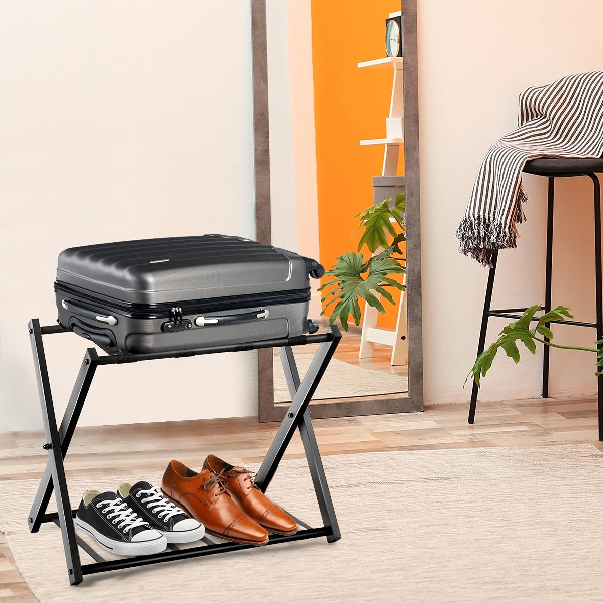 GYMAX Folding Luggage Rack, Double-Layer Luggage Stand with 4 sturdy straps & 2-tier design, luggage shelf supports up to 60 kg, luggage rack for guest room & hotel (1, Black)
