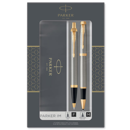 Parker IM Duo Gift Set with Ballpoint Pen & Rollerball | Brushed Metal with Gold Trim | Refills in black | Gift Box