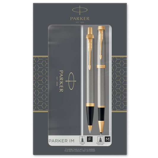 Parker IM Duo Gift Set with Ballpoint Pen & Rollerball | Brushed Metal with Gold Trim | Refills in black | Gift Box