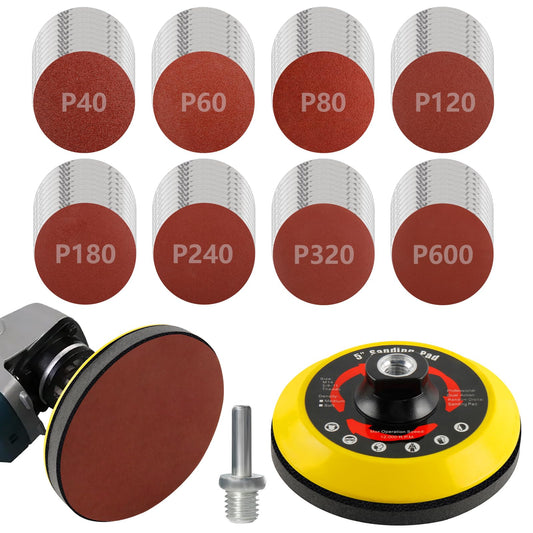 120-piece sanding disc set, 125mm hook and loop for angle grinders, grit 40/60/80/120/180/240/320/600 sanding disc pad kit, sandpaper with M14 grinding disc shaft, polishing pad adapter, buffer pads.