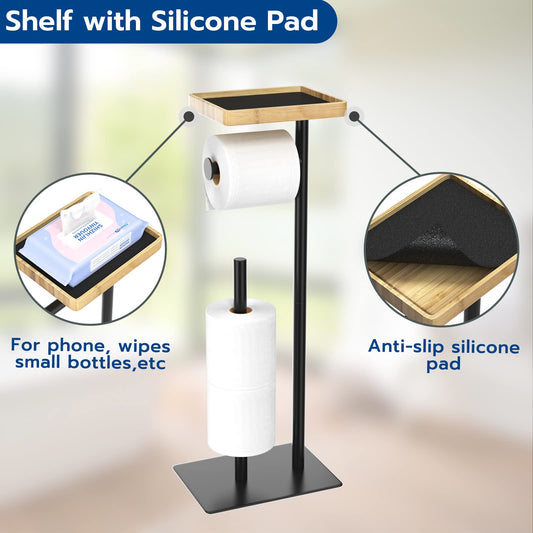 Free-standing toilet paper holder with top shelf in bamboo, black toilet paper roll holder stand, floor-standing toilet paper dispenser with space for 4 spare rolls.