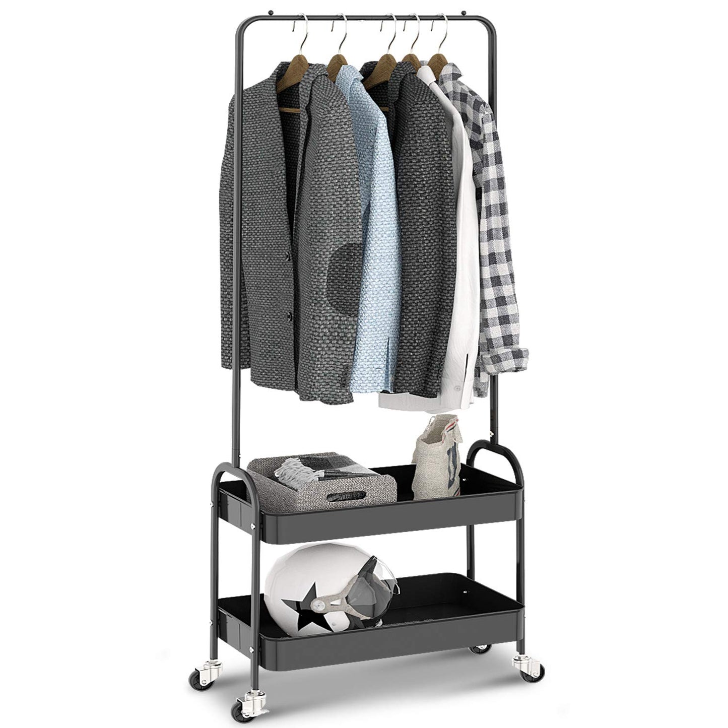 Kingrack clothes rail, metal coat rack, clothes rail with wheels, bedroom clothes stand, freestanding shelf cart with 2-tier storage shelf, heavy duty trolley multipurpose cart in black.