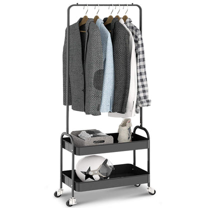 Kingrack clothes rail, metal coat rack, clothes rail with wheels, bedroom clothes stand, freestanding shelf cart with 2-tier storage shelf, heavy duty trolley multipurpose cart in black.