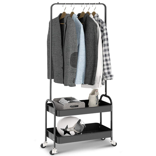 Kingrack clothes rail, metal coat rack, clothes rail with wheels, bedroom clothes stand, freestanding shelf cart with 2-tier storage shelf, heavy duty trolley multipurpose cart in black.