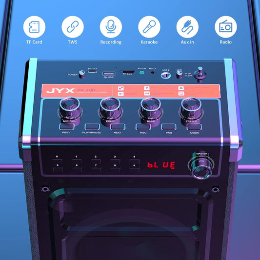 JYX Karaoke machine with 2 UHF wireless microphones, Bluetooth speaker with bass/treble control and LED lights, PA system support TWS, AUX in, FM, recording, perfect for parties/adults/kids.