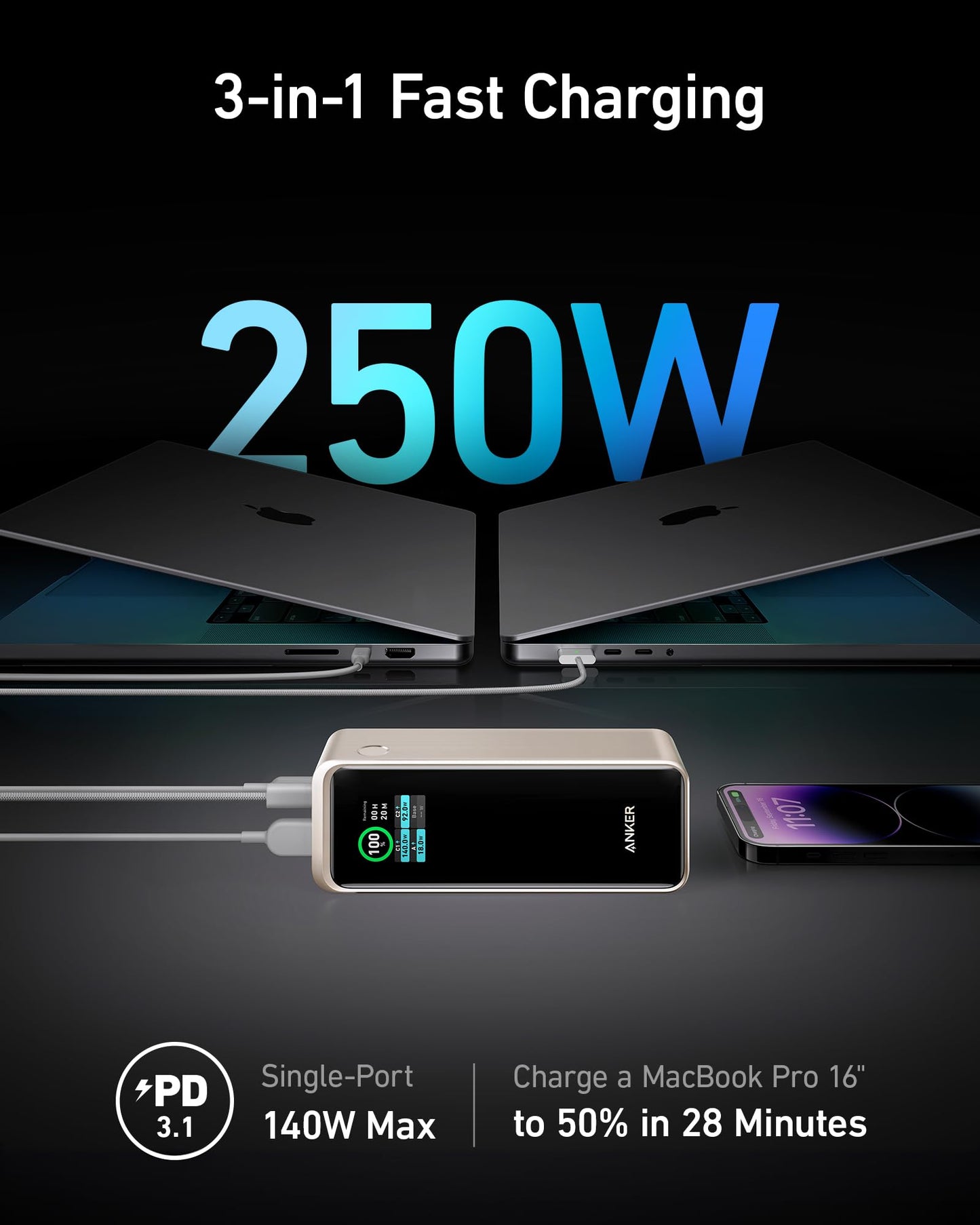 Anchor Prime Powerbank, 27.650mAh (250W) 3-Port Powerbank, With App, Compatible with MacBook Pro/Air, iPhone 15/14 Series, Galaxy, Dell, AirPods, and more (charging dock sold separately) (Gold)