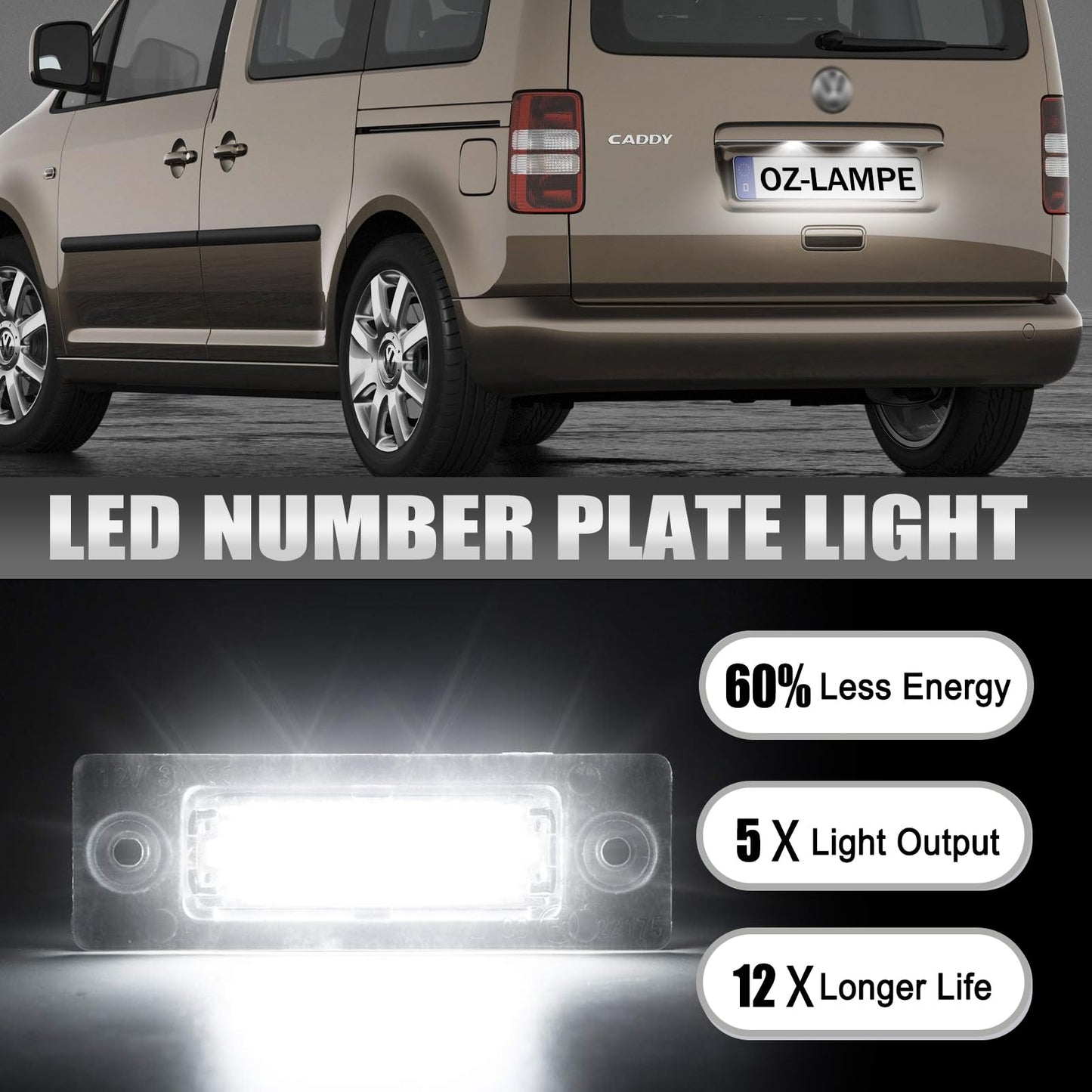 LED license plate lamp for VW Caddy 2K Golf Plus 5M1 Jetta 1K2 Passat Sedan 3bg Passat Variant 3C B6 T5 7H 7J Touran 1T1 1T2 1T3, CANBus license plate lighting, 2 pieces.