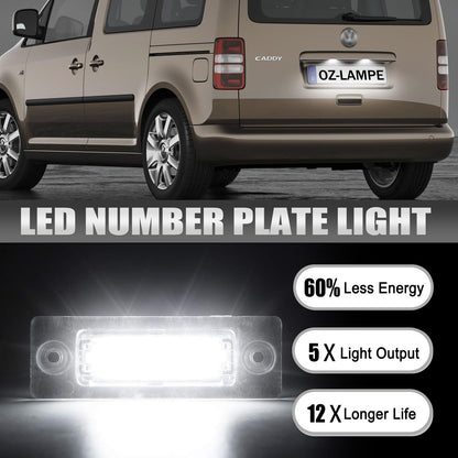 LED license plate lamp for VW Caddy 2K Golf Plus 5M1 Jetta 1K2 Passat Sedan 3bg Passat Variant 3C B6 T5 7H 7J Touran 1T1 1T2 1T3, CANBus license plate lighting, 2 pieces.