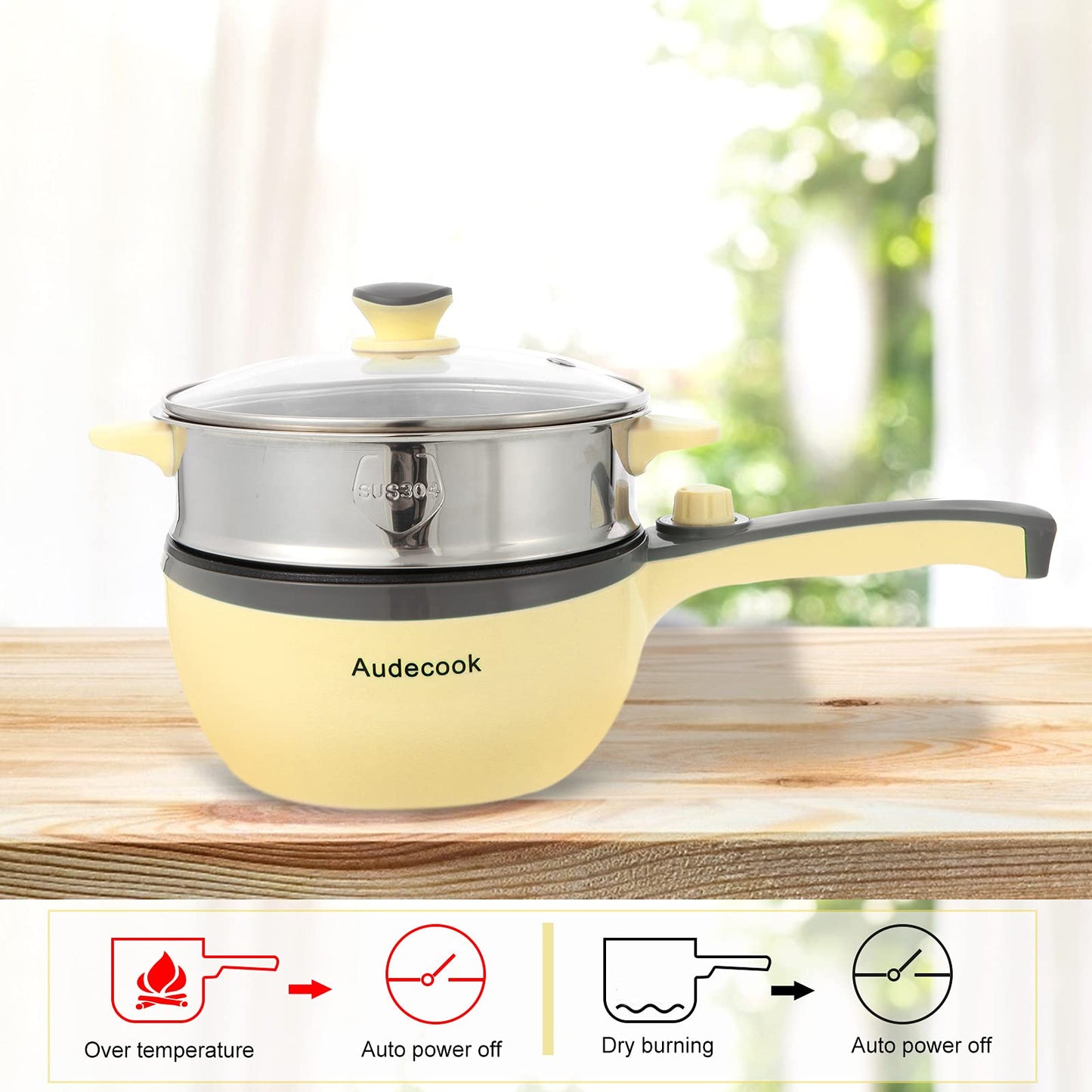 Audecook Electric Hot Pot with Steamer, 1.5 L/20cm Electric Frying Pan Hotpot Pot Non-stick Mini Electric Skillet, Multicooker for Dorm Ramen, Steak (B (yellow/1.5l with steamer))