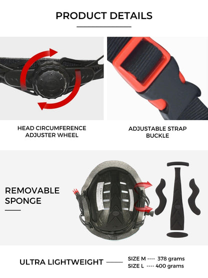 Bike helmet with red rear light + LED white front light. Electric scooter helmet, skate. Helmet for adults, lightweight with removable lining. PC + EPS shell, 14 ventilation openings and USB charging cable.