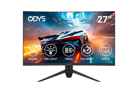 ODYS Q27 PRO-X - Curved Gaming Monitor 27 inch (69 cm), 180 Hz, WQHD (2,560x1,440 px), 1ms response time (MPRT), HDR, 1500R, FreeSync/G-Sync compatible, Eye Care, HDMI, Display Port, 3.5mm Audio