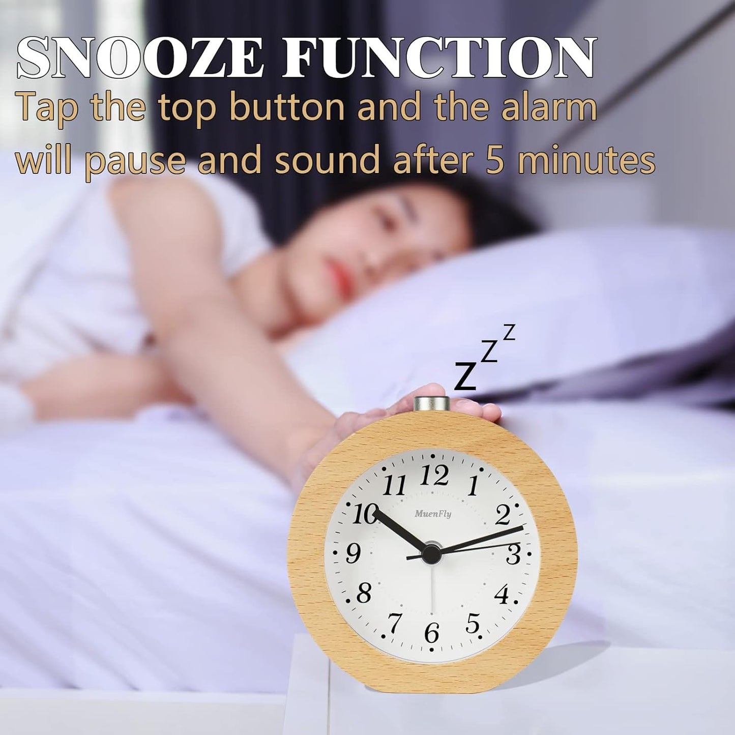 Analog alarm clock without ticking, set of 2 wood alarm clocks with snooze, battery operated retro table clock with night light for bedroom, night kids, and office (1xAA battery required)