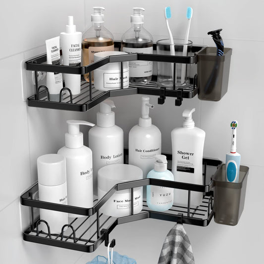 FINIBO Shower Shelf Without Drilling, 2 Pieces Self-Adhesive Corner Shelf Bathroom Organizer, Stainless Steel Shower Caddy with 4 Hooks and 2 Toothpaste Holders, Black Shower Rack Basket for Bathroom Kitchen