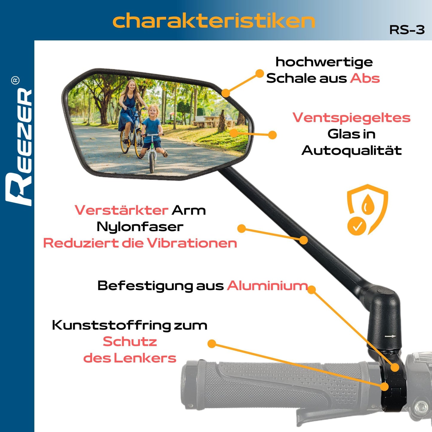 REEZER Bike Mirror RS3 left with extra large mirror surface - 360° adjustable bike mirror for E-bike & E-scooter handlebars - rear mirror compatible with all models - RIGHT